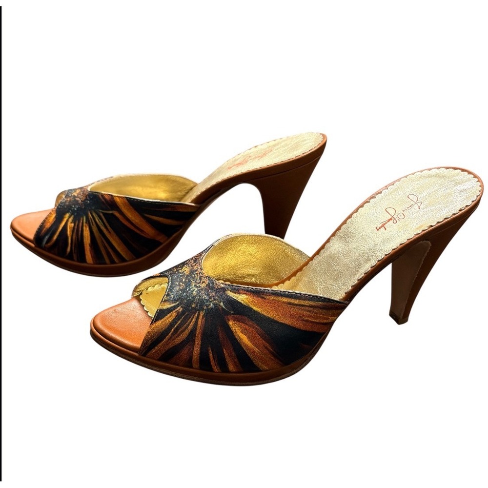 Sunflower Print Mules Womens 39 Tan Gold Italian Leather Heels